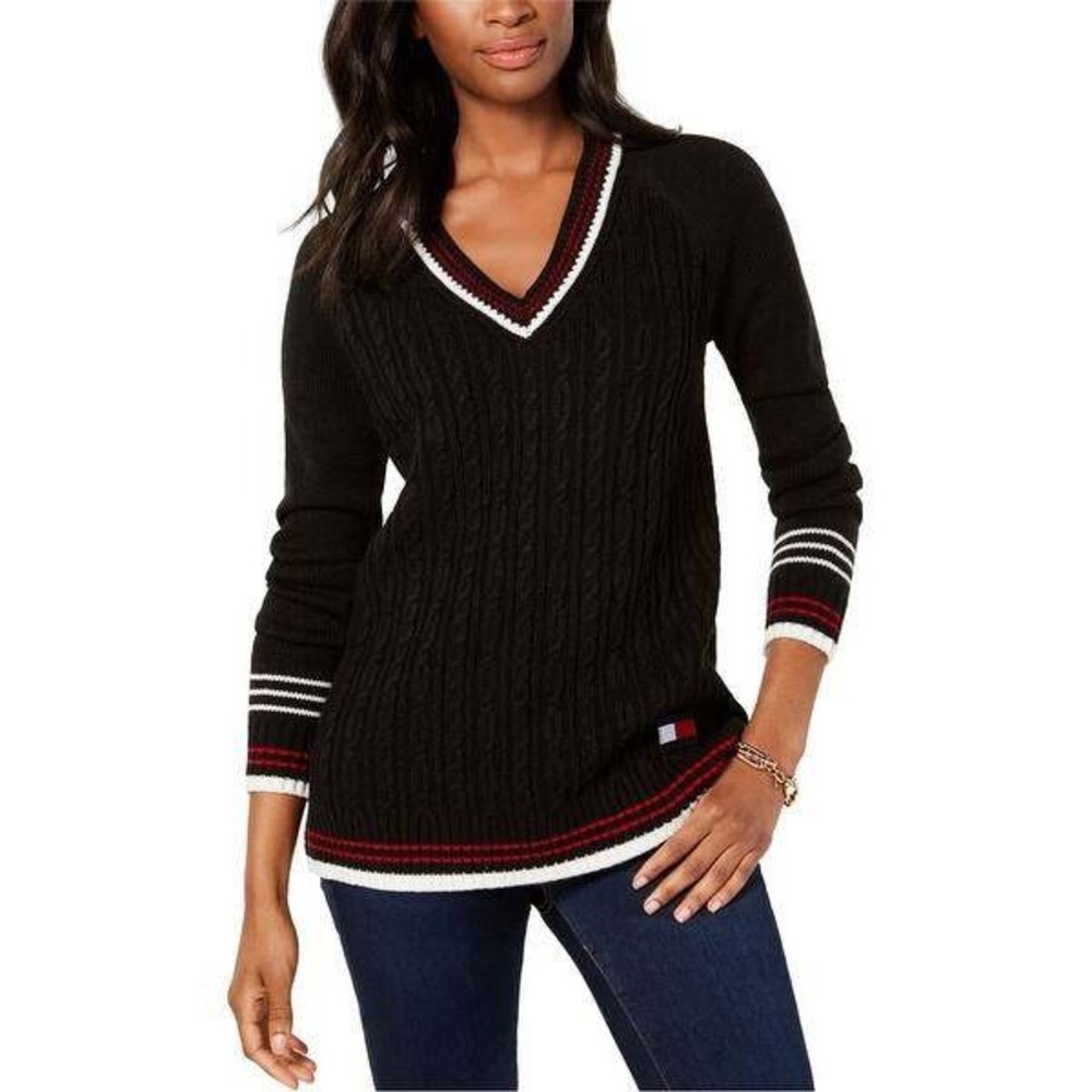 Tommy Hilfiger Womens Black Varsity Stripe‎ Cable Knit V-Neck Sweater Medium